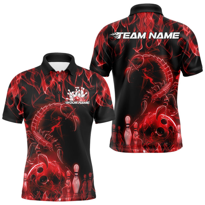 Custom Black And Red Flame Scorpio Zodiac Bowling Men Polo Shirts, Scorpion Bowler Outfit IPHW8973