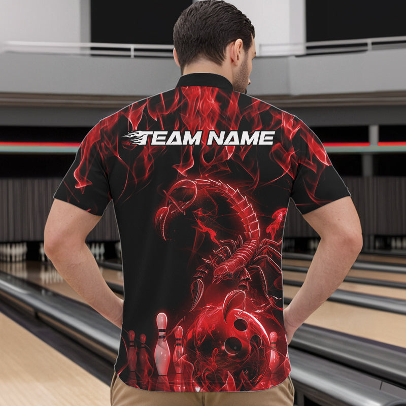 Custom Black And Red Flame Scorpio Zodiac Bowling Men Quarter-Zip Shirts, Scorpion Bowler Outfit IPHW8973