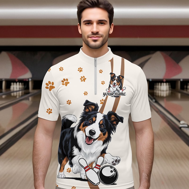 Custom Funny Border Collie Dog Bowling Men Quarter-Zip Shirts, Dog Paw Print Bowler Outfit IPHW8974