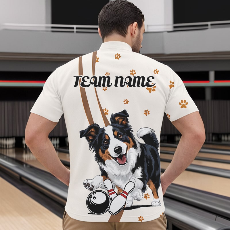 Custom Funny Border Collie Dog Bowling Men Quarter-Zip Shirts, Dog Paw Print Bowler Outfit IPHW8974