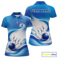 Load image into Gallery viewer, Front and back view of a womens white and blue bowling polo shirt mockup featuring flowing wave artwork and a glossy bowling ball striking the pins
