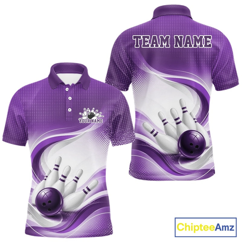 Mens white and purple bowling polo shirt mockup displayed from front and back with sweeping wave patterns and bowling-inspired graphics