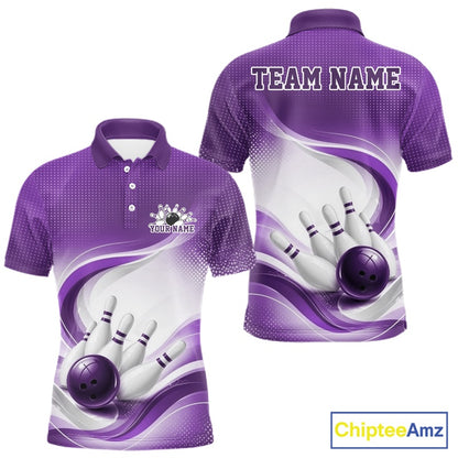 Mens white and purple bowling polo shirt mockup displayed from front and back with sweeping wave patterns and bowling-inspired graphics