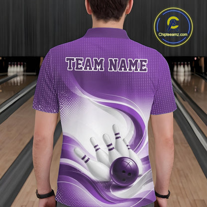 Back view of a male model in a white and purple bowling polo shirt featuring elegant wave artwork and bowling-themed imagery