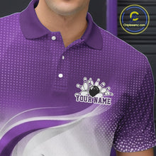 Load image into Gallery viewer, Close-up of the left chest on a white and purple bowling polo shirt showcasing fluid wave accents and a bowling strike illustration