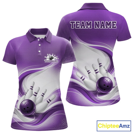 Front and back mockup of a womens white and purple bowling polo shirt with sweeping wave artwork and a glossy bowling ball illustration