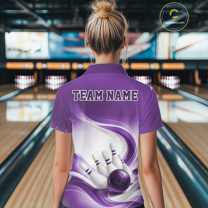 Back view of a female model wearing a white and purple bowling polo shirt with flowing wave patterns and a bowling strike illustration