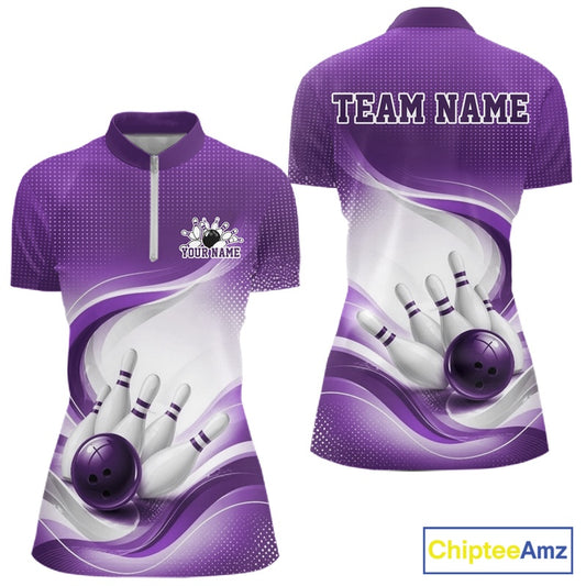 Front and back view of a womens white and purple bowling quarter-zip mockup with flowing abstract artwork and bowling action imagery