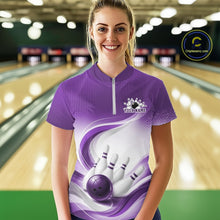 Load image into Gallery viewer, Front view of a female model wearing a white and purple bowling quarter-zip shirt with graceful wave artwork and bowling-themed graphics