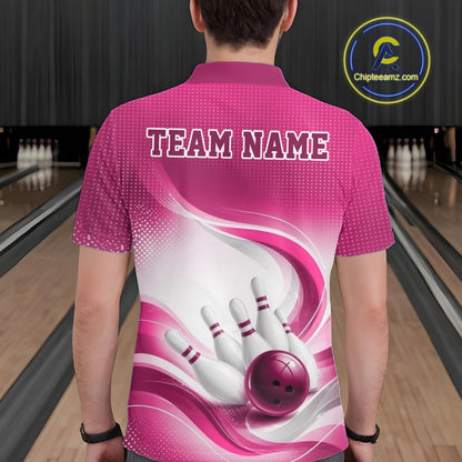 Back view of a male model in a white and pink bowling polo shirt featuring abstract wave artwork and bowling action details