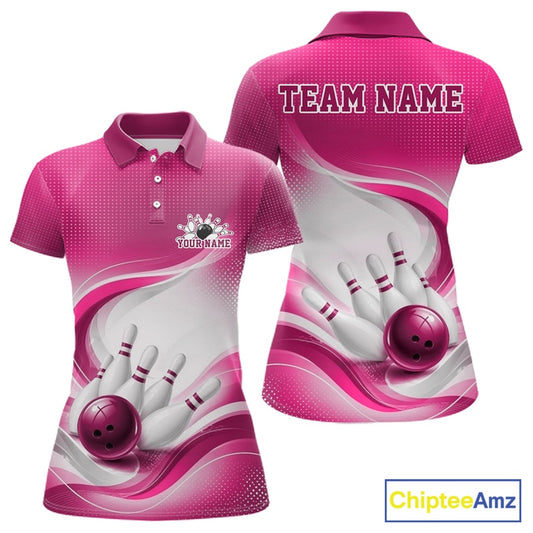 Womens white and pink bowling polo shirt mockup displayed from front and back with wave-inspired accents and a bowling strike design