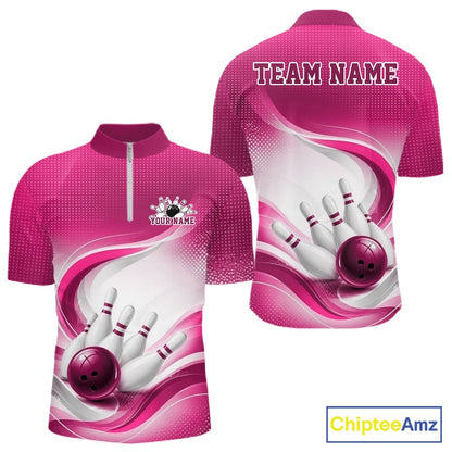 Front and back mockup of a mens white and pink bowling quarter-zip featuring dynamic wave artwork and bowling-themed graphics