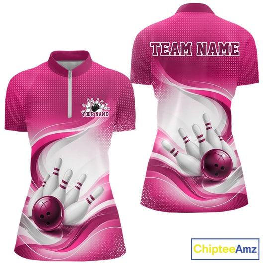 Front and back view of a womens white and pink bowling quarter-zip shirt featuring abstract wave graphics and bowling action artwork