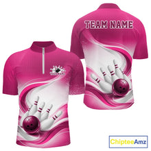 Load image into Gallery viewer, Front and back mockup of a mens white and pink bowling quarter-zip featuring dynamic wave artwork and bowling-themed graphics