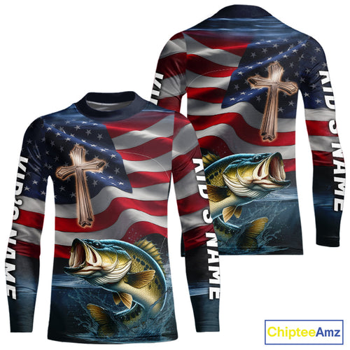 Custom American Flag Cross Faith Largemouth Bass Kid Long Sleeve Tournament Fishing Shirt IPHW9201