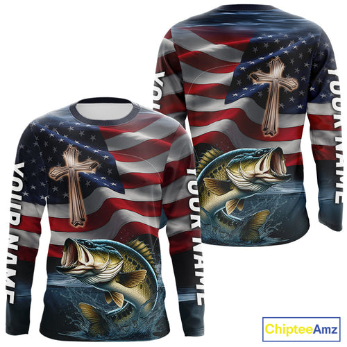Custom American Flag Cross Faith Largemouth Bass Long Sleeve Tournament Fishing Shirt IPHW9201