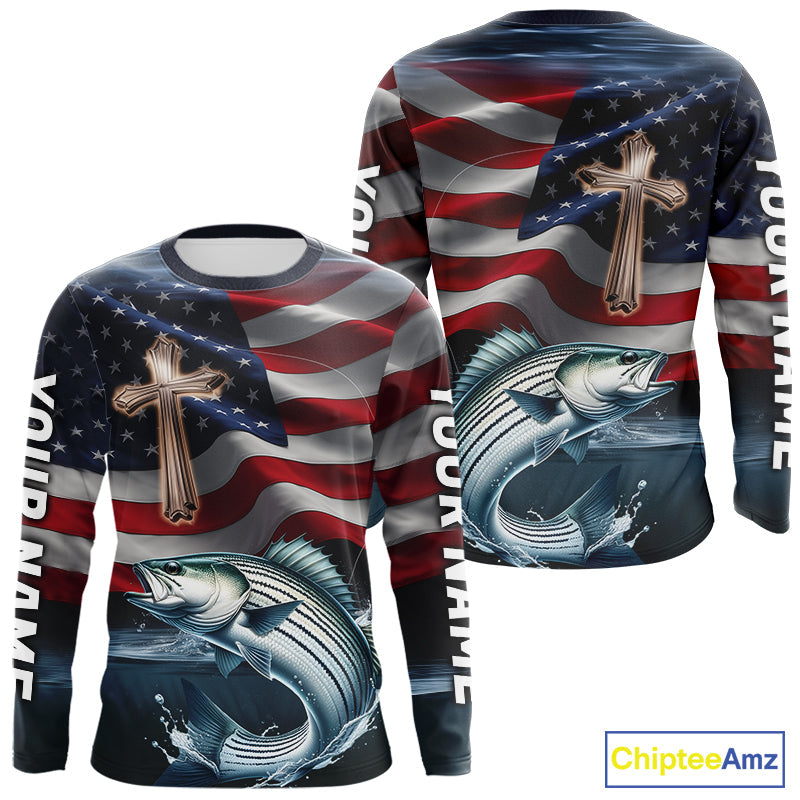 Custom American Flag Cross Faith Striped Bass Long Sleeve Tournament Fishing Shirt IPHW9202