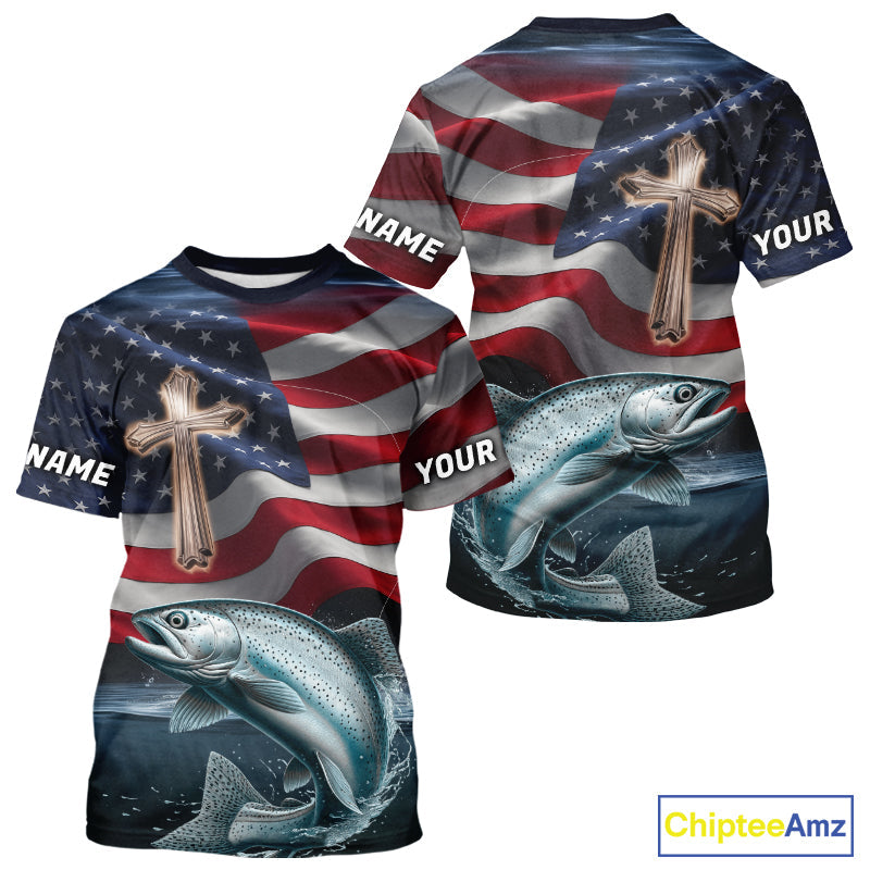 Custom American Flag Cross Faith Chinook King Salmon Tournament Fishing T-Shirt IPHW9203