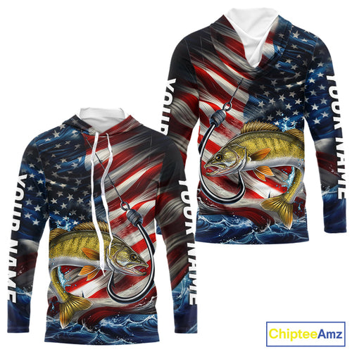 Custom Patriotic Walleye Long Sleeve Hooded Fishing Shirts, US Flag Fish Hook Walleye Jerseys IPHW9208