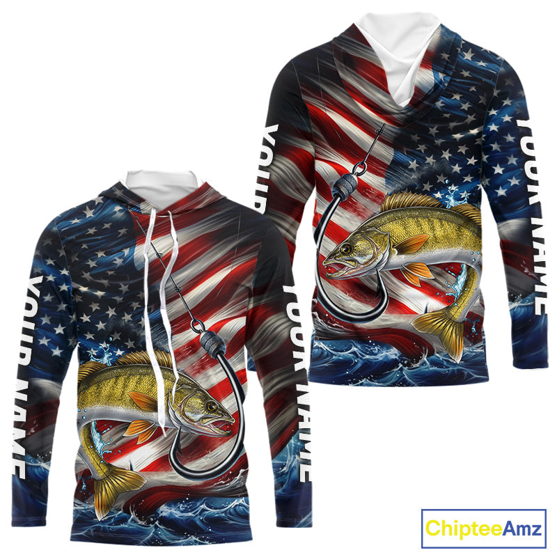 Custom Patriotic Walleye Long Sleeve Hooded Fishing Shirts, US Flag Fish Hook Walleye Jerseys IPHW9208