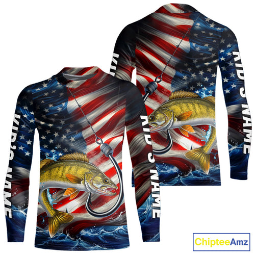 Custom Patriotic Walleye Kid Long Sleeve Fishing Shirts, US Flag Fish Hook Walleye Jerseys IPHW9208