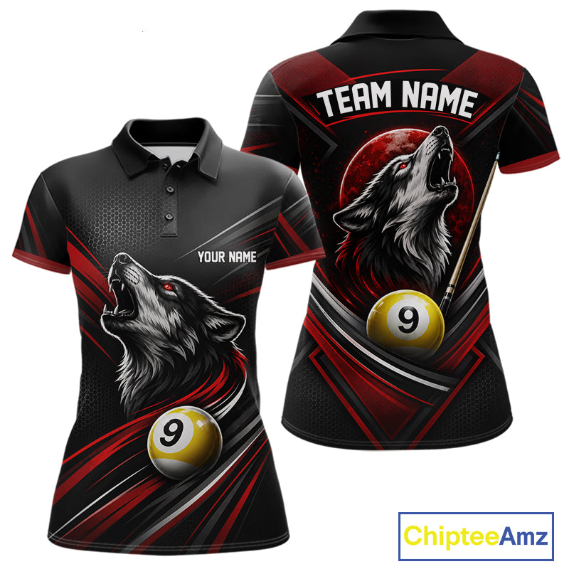 Custom Black And Red Wolf 9 Ball Billiards Women Polo Shirt, Billiards Team Jersey IPHW11672