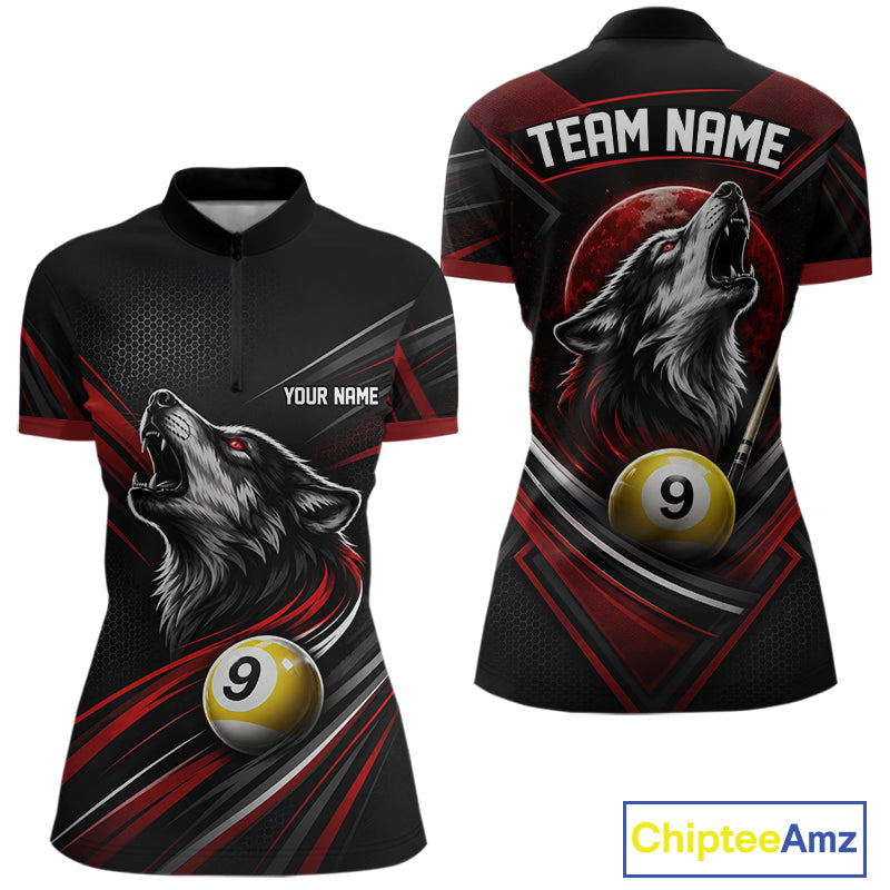 Custom Black And Red Wolf 9 Ball Billiards Women Quarter-Zip Shirt, Billiards Jersey IPHW11672