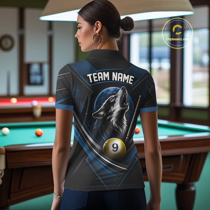 Custom Black And Blue Wolf 9 Ball Billiards Women Polo Shirt, Billiards Team Jersey IPHW11673