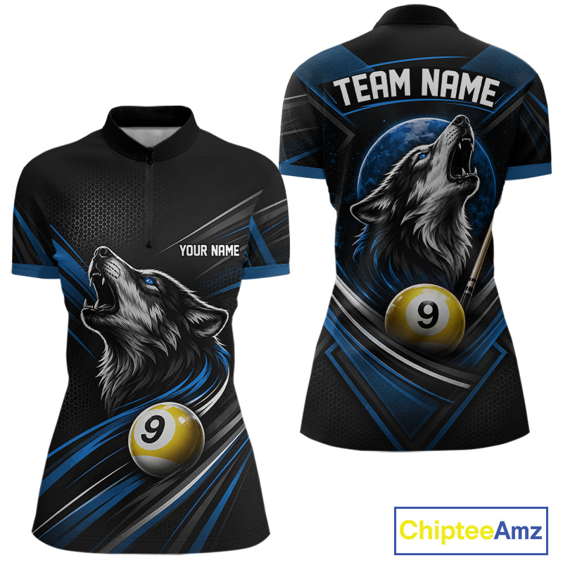 Custom Black And Blue Wolf 9 Ball Billiards Women Quarter-Zip Shirt, Billiards Jersey IPHW11673