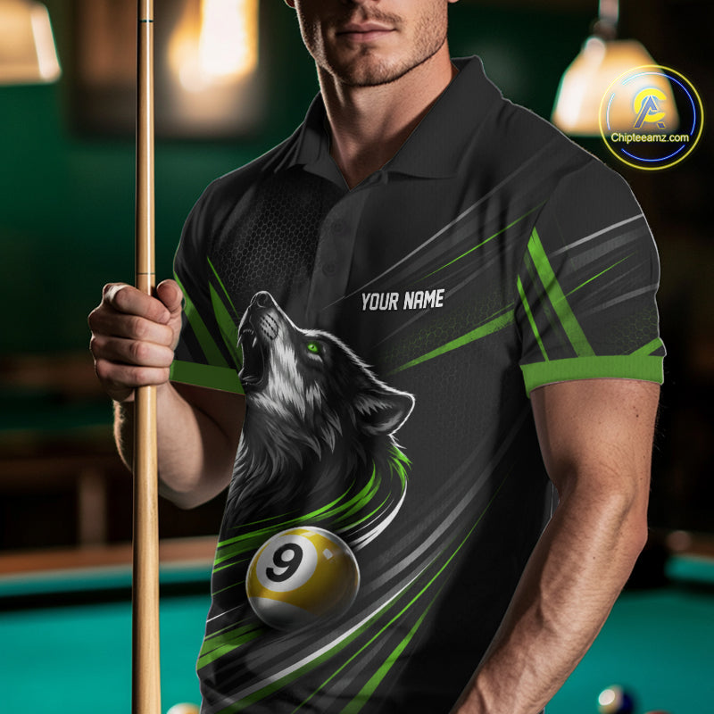 Custom Black And Green Wolf 9 Ball Billiards Men Polo Shirt, Billiards Team Jersey IPHW11674