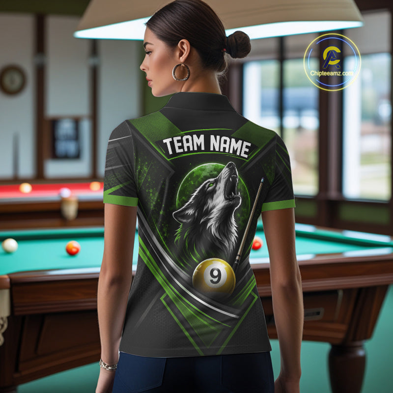 Custom Black And Green Wolf 9 Ball Billiards Women Polo Shirt, Billiards Team Jersey IPHW11674