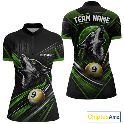 Custom Black And Green Wolf 9 Ball Billiards Women Quarter-Zip Shirt, Billiards Jersey IPHW11674