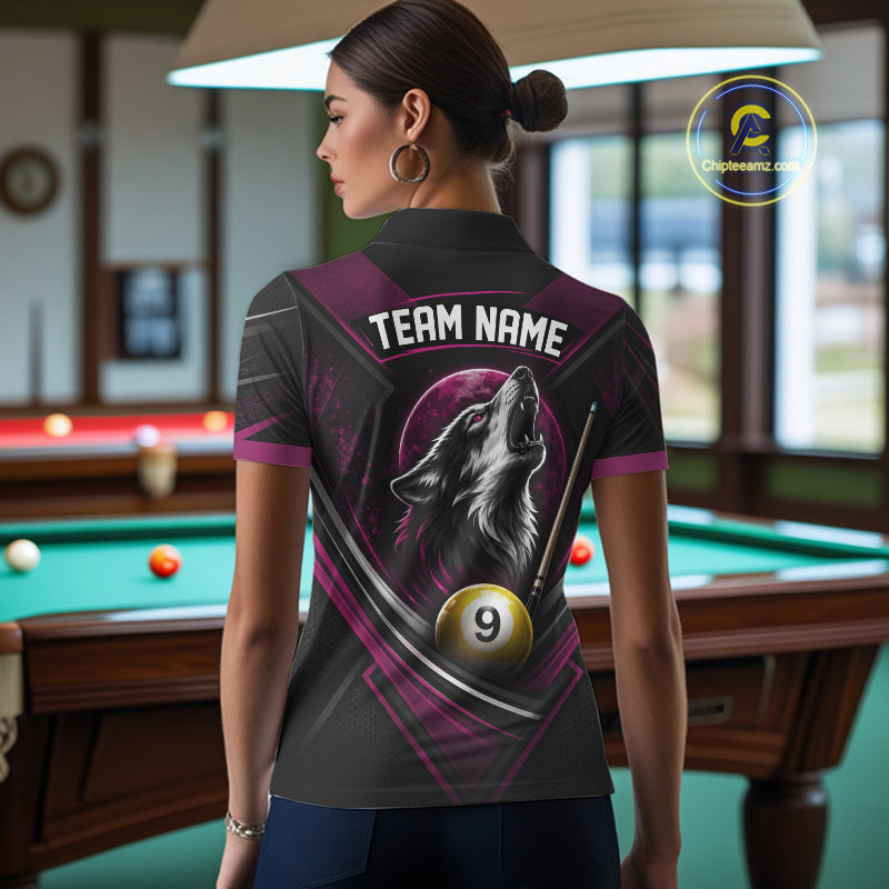 Custom Black And Pink Wolf 9 Ball Billiards Women Polo Shirt, Billiards Team Jersey IPHW11675