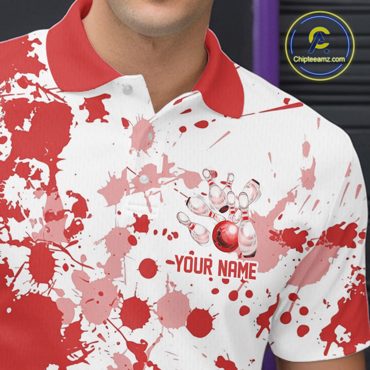 Custom Red Splatter Bowling Team League Shirts For Men, Bowling Jerseys Bowler Outfit IPHW10593