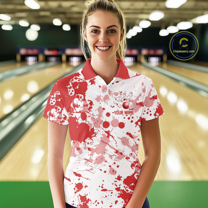 Custom Red Splatter Bowling Team League Shirts For Women, Bowling Jerseys Bowler Outfit IPHW10593
