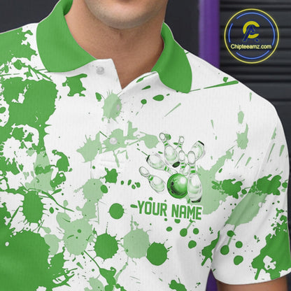 Custom Green Splatter Bowling Team League Shirts For Men, Bowling Jerseys Bowler Outfit IPHW10594