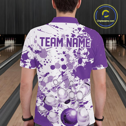 Custom Purple Splatter Bowling Team League Shirts For Men, Bowling Jerseys Bowler Outfit IPHW10595