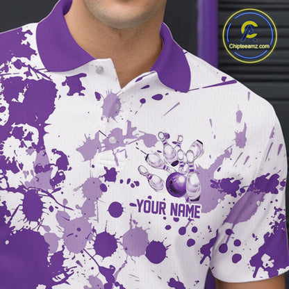 Custom Purple Splatter Bowling Team League Shirts For Men, Bowling Jerseys Bowler Outfit IPHW10595