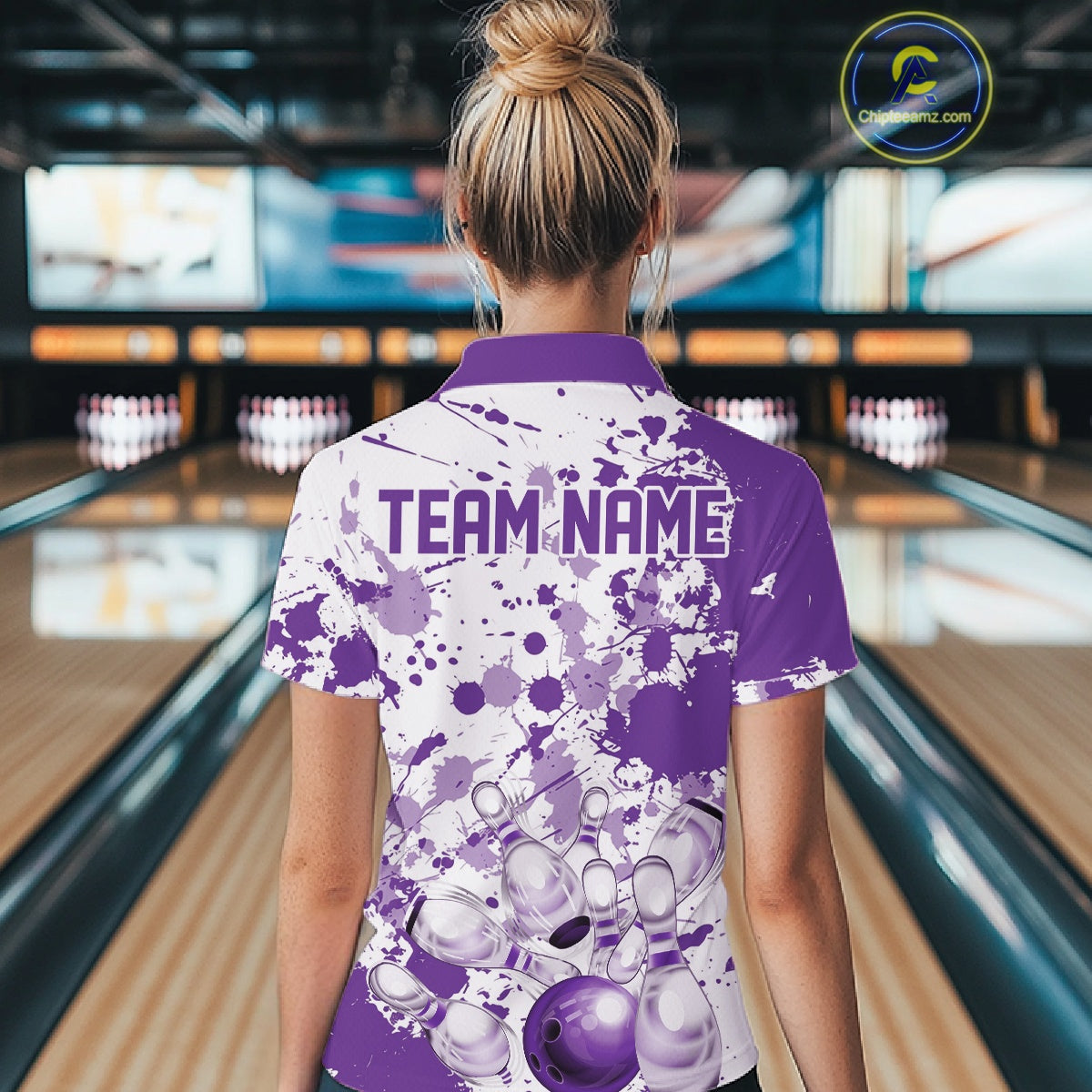 Custom Purple Splatter Bowling Team League Shirts For Women, Bowling Jerseys Bowler Outfit IPHW10595