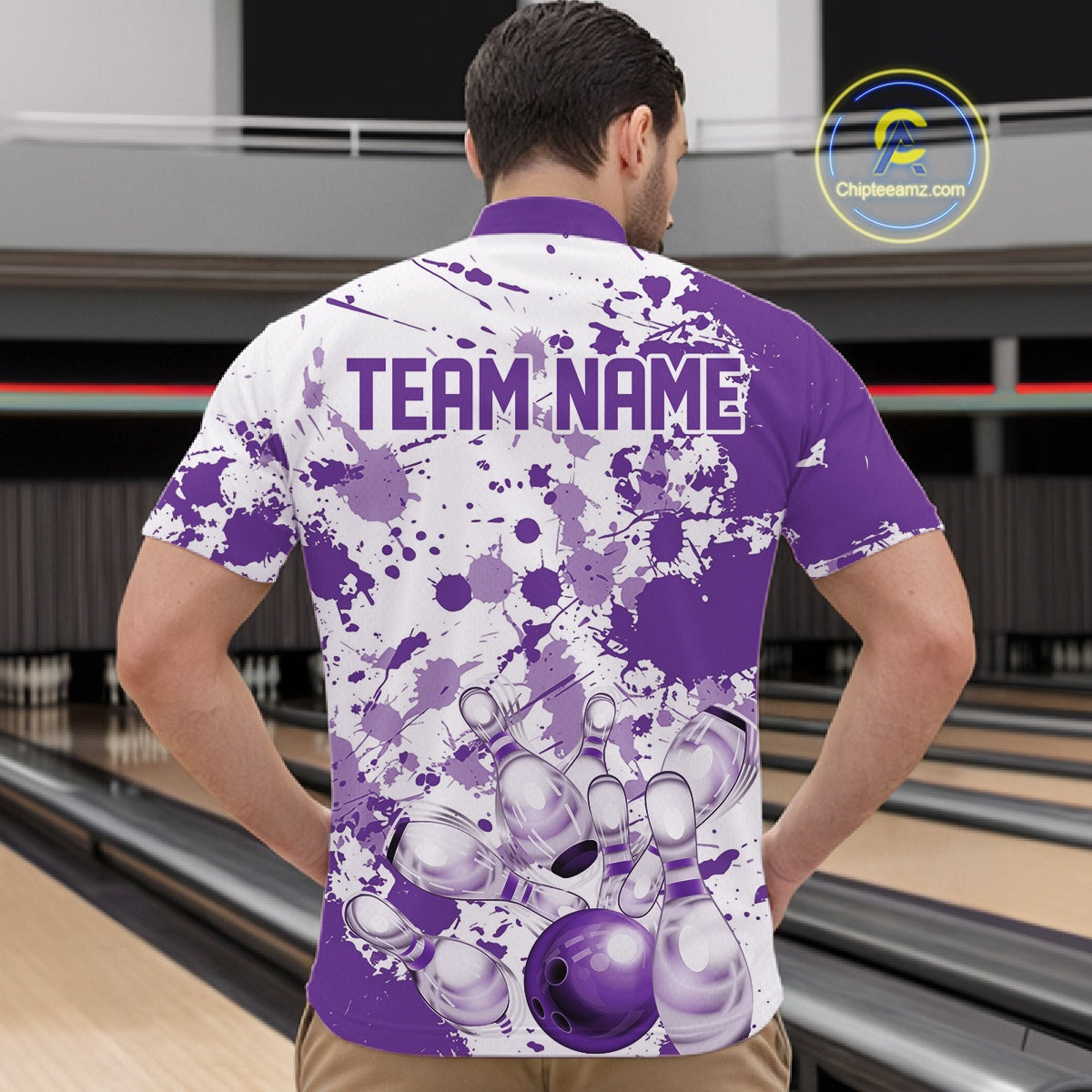 Custom Purple Splatter Bowling Team League Shirts For Men, Bowling Jerseys Bowler Outfit IPHW10595