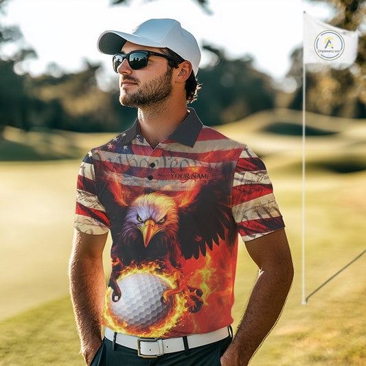 Custom Patriotic Eagle We The People Flame Golf Shirt For Men, Vintage US Flag Golf Shirt IPHW10599