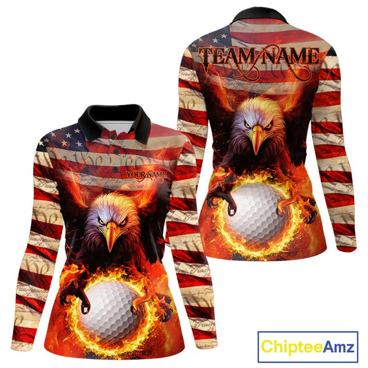 Custom Patriotic Eagle We The People Flame Golf Women Shirts, Vintage US Flag Golf Shirt IPHW10599