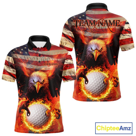 Custom Patriotic Eagle We The People Flame Golf Shirt For Men, Vintage US Flag Golf Shirt IPHW10599