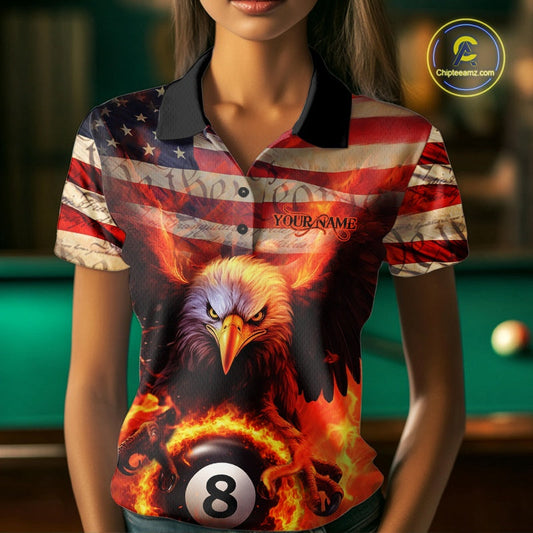 Custom Patriotic Eagle We The People Flame Billiard Shirt For Women, US Flag 8-Ball Shirt IPHW10601