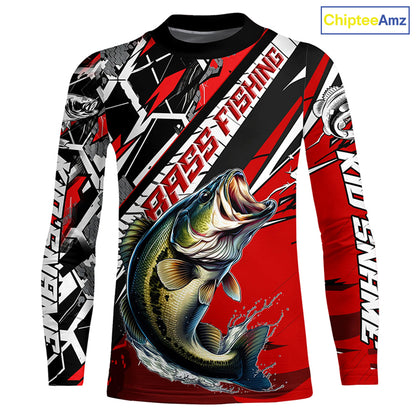 Black And Red Bass Long Sleeve Tournament Fishing Shirts, Custom Bass Fishing Jerseys IPHW6203