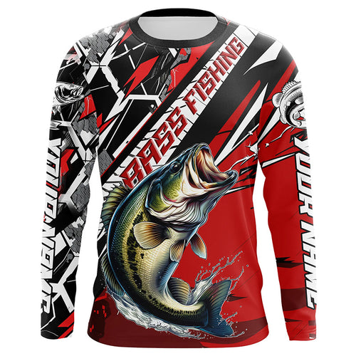 Black And Red Bass Long Sleeve Tournament Fishing Shirts, Custom Bass Fishing Jerseys IPHW6203