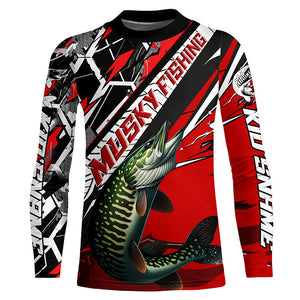 Black And Red Musky Long Sleeve Tournament Fishing Shirts, Custom Muskie Fishing Jerseys IPHW6204