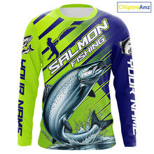 Load image into Gallery viewer, Chinook Salmon Custom Long Sleeve Fishing Shirts, Salmon Fisherman Fishing Jerseys | Green And Blue IPHW6209