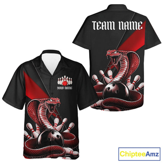 Front and back black button-up bowling shirt with red cobra artwork coiled around a bowling ball.