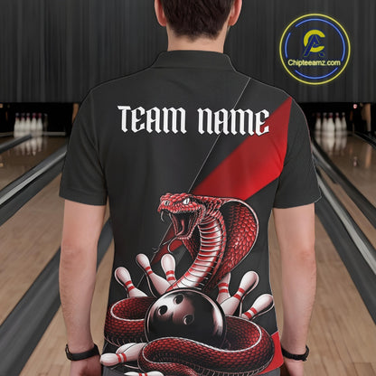Back view of a black mens bowling polo showcasing a red cobra wrapped around a bowling ball with scattered pins.
